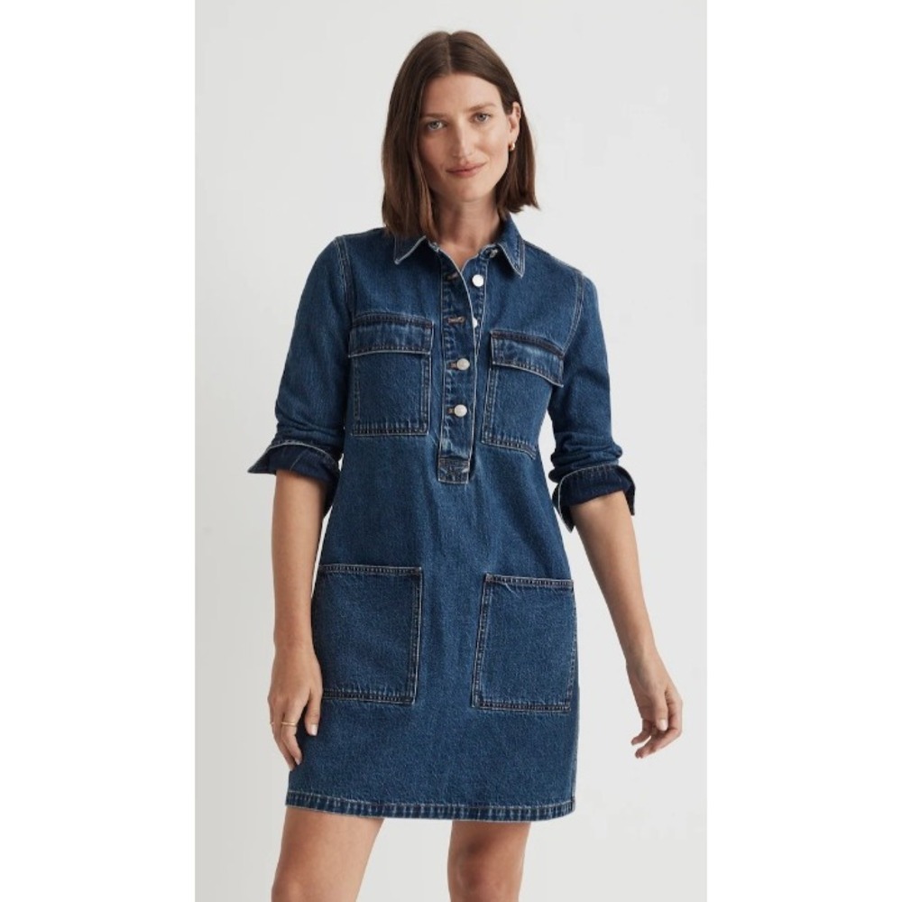 Madewell Denim Popover Mini Shirt Dress Womens L Blue Casual Contemporary